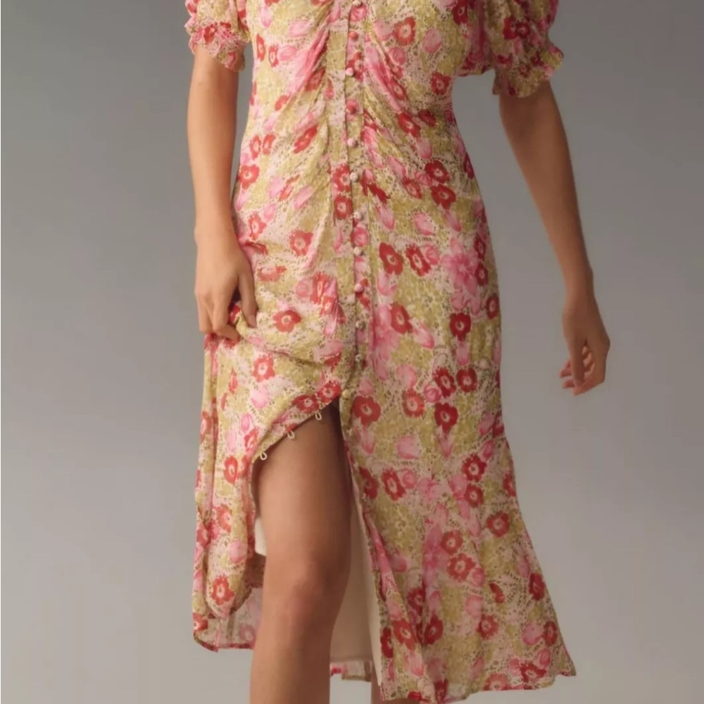 Anthropologie Pink and Cream Floral Midi Dress
